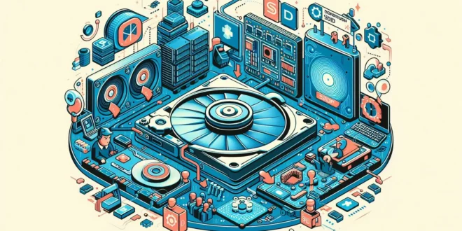 TeknoLova.com - Ilustrasi komponen internal hardisk yang menunjukkan cara kerja perangkat penyimpanan data